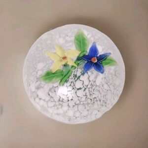 Art Glass Paperweight Floral Lampwork Flowers Clear Bubble Lace Design Vintage